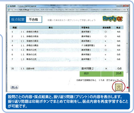 設問ごとの内容・採点結果と、振り返り問題（プリント）の内容