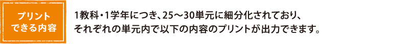 【プリントできる内容】1教科・1学年につき、25～30単元に細分化されており、それぞれの単元内で以下の内容のプリントが出力できます。